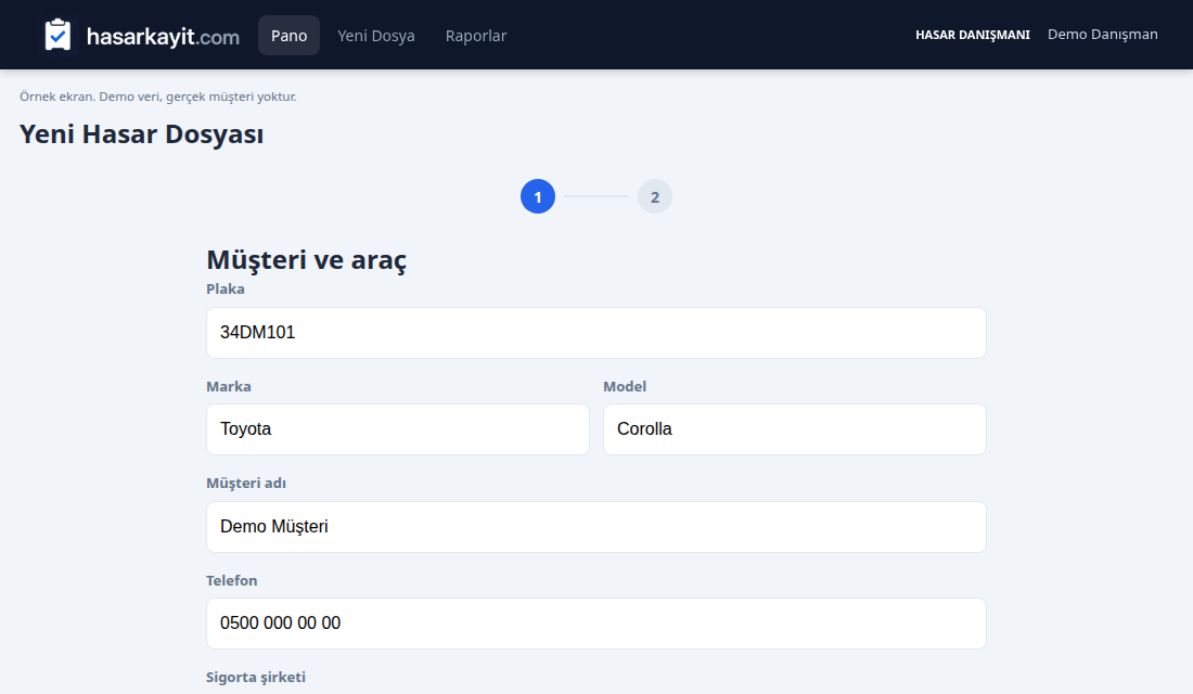 Örnek yeni dosya formu: demo plaka ve demo müşteri