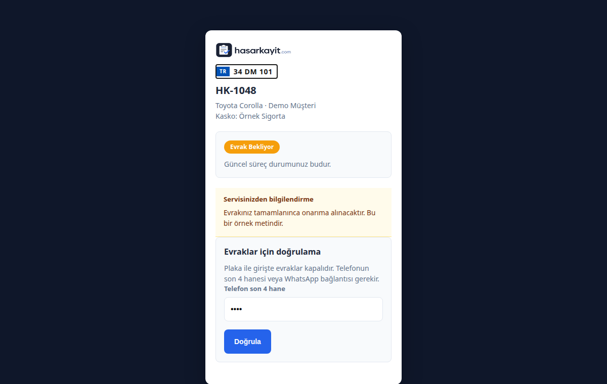 Örnek müşteri portalı: demo plaka ve durum